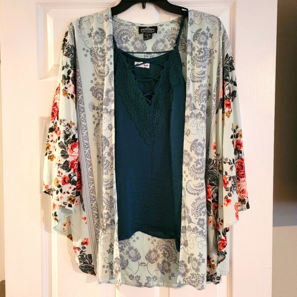 Floral print kimono and cami top combo